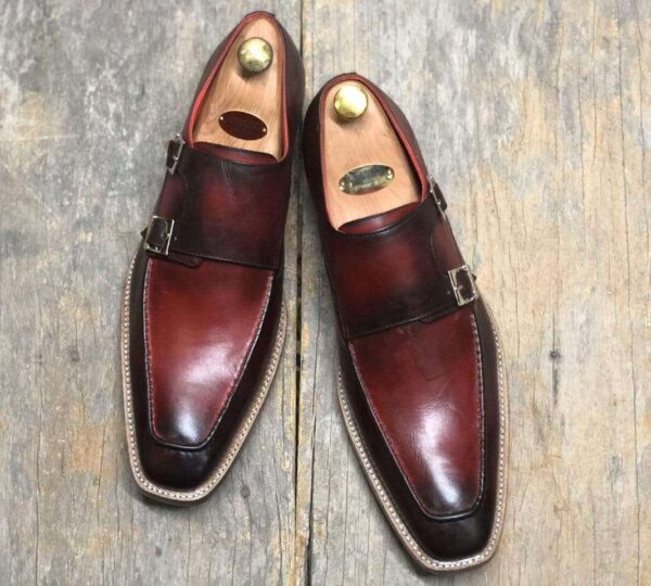 Handmade Burgundy Leather Double Monk Shoes For Men' - leathersguru