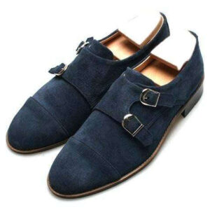 Handmade Navy Blue Double Monk Suede Shoes - leathersguru