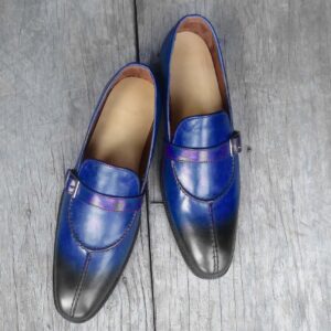 Bespoke Blue & Black Leather Split Toe Monk Strap Shoe for Men - leathersguru