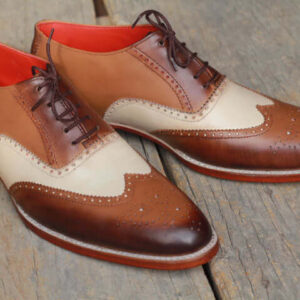 Bespoke Brown White Leather Wing Tip Lace Up Shoes - leathersguru