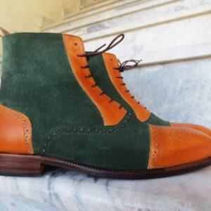 Bespoke Green & Tan Leather Suede Cap Toe Lace Up Boot - leathersguru