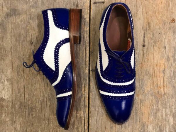 Bespoke Blue & White Leather Cap Toe,Lace Up Shoe for Men - leathersguru