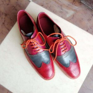 Handmade Men's Casual Shoes, Men's Gray Burgundy Color Leather Wing Tip Lace Up Dress Shoes.