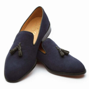 Bespoke Navy Blue Suede Tussle Loafer Shoes - leathersguru