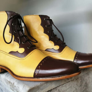 Bespoke Yellow & Brown Leather Cap Toe Lace Up Boot - leathersguru