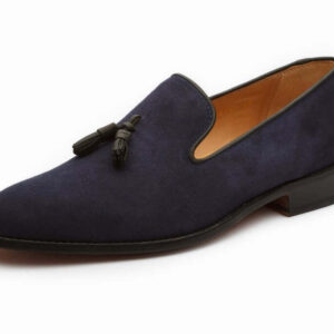 Bespoke Navy Blue Suede Tussle Loafer Shoes - leathersguru