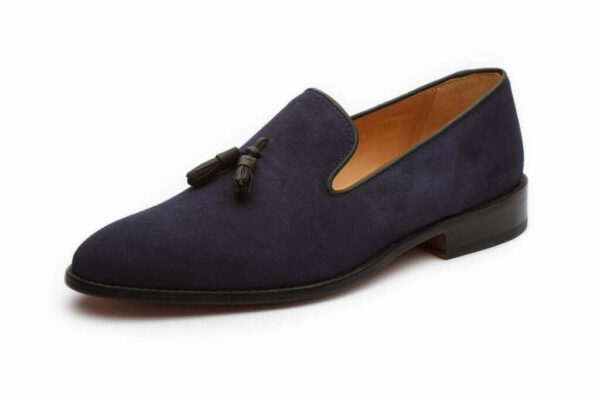 Bespoke Navy Blue Suede Tussle Loafer Shoes - leathersguru