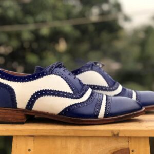 Bespoke Blue & White Leather Cap Toe,Lace Up Shoe for Men - leathersguru