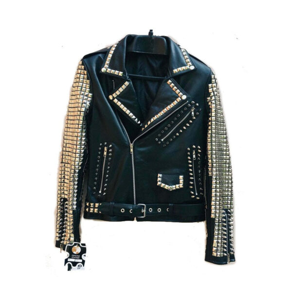 Men's Full Silver Studded Punk Cowhide Leather Jacket