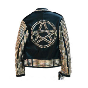 Men's Full Silver Studded Punk Cowhide Leather Jacket