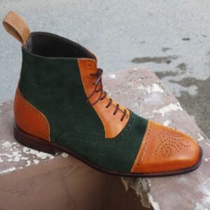 Bespoke Green & Tan Leather Suede Cap Toe Lace Up Boot - leathersguru