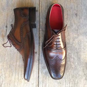 Bespoke Brown Leather Wing Tip Lace Up Shoe for Men - leathersguru