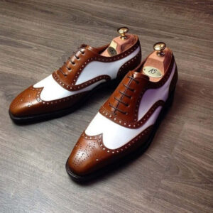 Bespoke Brown & White Leather Wing Tip Brogue Lace Up Shoe for Men - leathersguru