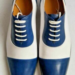 Handmade Men’s Leather Lace Up Stylish Shoes, Men White Blue Cap Toe Dress Shoes