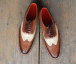 Bespoke Brown White Leather Wing Tip Lace Up Shoes - leathersguru