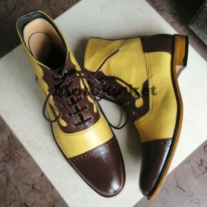 Bespoke Yellow & Brown Leather Cap Toe Lace Up Boot - leathersguru