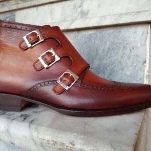 Bespoke Burgundy Chukka Leather Three Monk Strap Boots - leathersguru