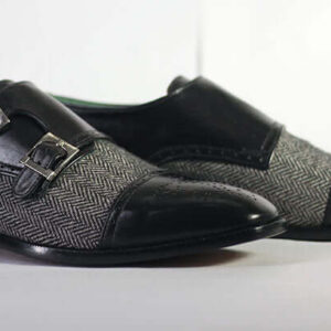 Bespoke Black Tweed Suede Monk Strap Shoe for Men - leathersguru