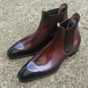 Bespoke Burgundy Chelsea Leather Brogue Toe Boots for Men's - leathersguru