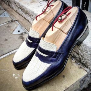 White & Blue Alligator & Pebbled Leather Penny Loafers Shoes for Men's - leathersguru