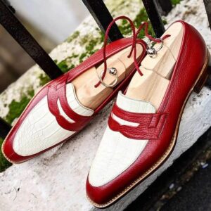 White & Burgundy Alligator & Pebbled Leather Penny Loafers Shoes for Men's - leathersguru