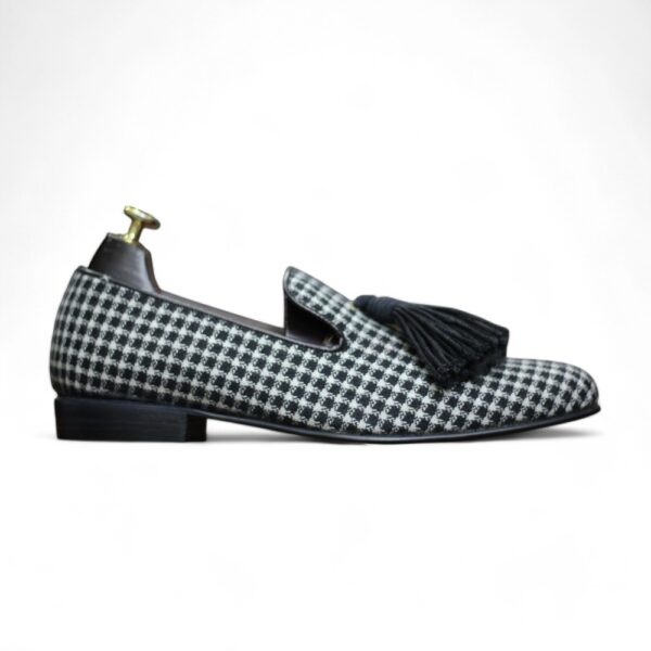 Handmade Men's Dogtooth Print Fabric Leather Tussles Loafers For Men, Dress Formal Slip On Shoes For Mens