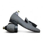 Handmade Men's Dogtooth Print Fabric Leather Tussles Loafers For Men, Dress Formal Slip On Shoes For Mens