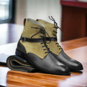 Ankle High Handmade Two Tone Leather Suede Buckle Lace Up Boot For Men's