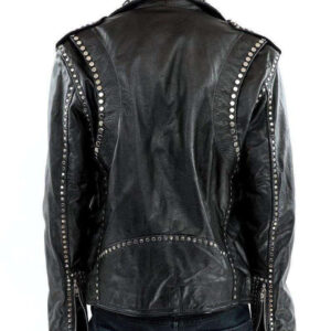 Men Silver Studded Jacket Black Punk Silver Spiked Leather Belted Biker Jacket - leathersguru