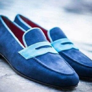 Men's Suede Penny Loafers Blue Slip On Moccasin Shoes - leathersguru