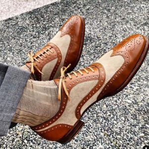 Handmade Men's Wing Tip Brogue Tan and white Leather Suede Shoes - leathersguru