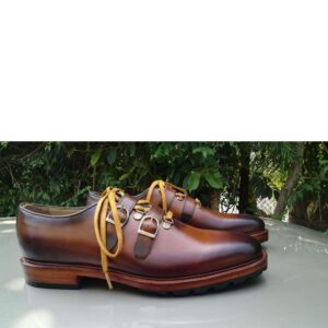 Handmade Brown Leather Monk Strap Lace Up Shoe - leathersguru