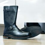 Sole View: Durable sole of black engineer boots, perfect for bikers.