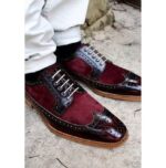 Bespoke Burgundy Leather Suede Wing Tip Shoe for Men