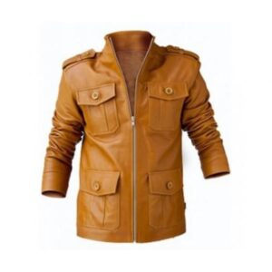 Handmade men's light brown Color leather Pocket jacket - leathersguru