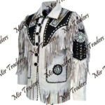 Men's Suede Fringe Jacket White Black Cow Hide Stylish Suede Jacket - leathersguru