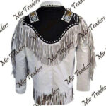 Men's Suede Fringe Jacket White Black Cow Hide Stylish Suede Jacket - leathersguru