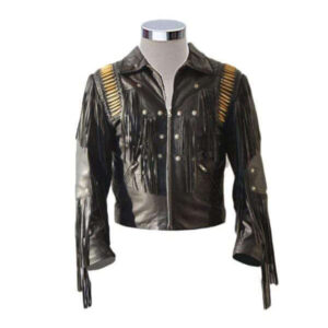 Men's Bluish Black Leather Western Cowboy Leather Jacket Fringe Bones - leathersguru