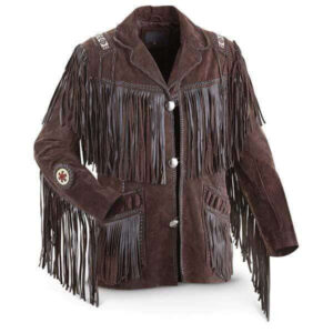 Men's Bluish Brown Suede Western Cowboy Leather Jacket Fringe Bones - leathersguru