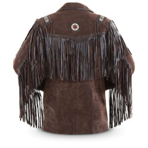 Men's Bluish Brown Suede Western Cowboy Leather Jacket Fringe Bones - leathersguru