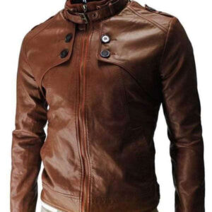 Men slim fit Leather Jacket, Mens Leather jacket, Brown Button Zipper Jacket - leathersguru