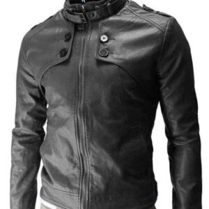 Men slim fit Leather Jacket, Mens Leather jacket, Black Button Zipper Jacket - leathersguru