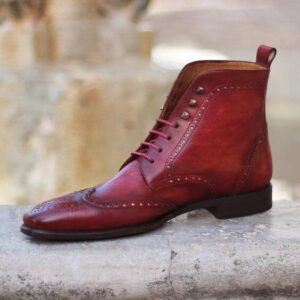 Bespoke Tan Brown Leather High Ankle Wing Tip Lace up Boot - leathersguru