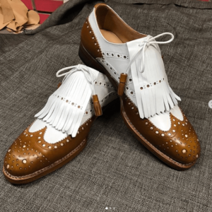 Men's Leather Fringe Brown White Wing Tip Brogue Shoes - leathersguru