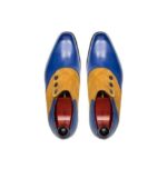 Handmade Tan Blue Leather Suede Button Shoes - leathersguru