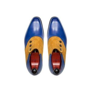 Handmade Tan Blue Leather Suede Button Shoes - leathersguru