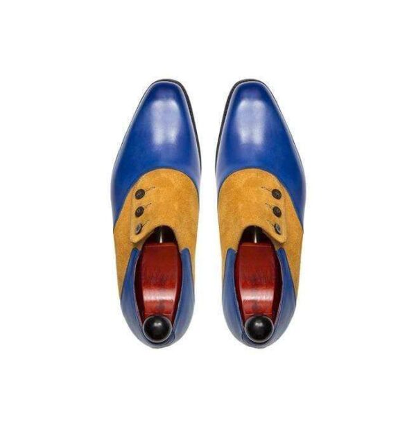 Handmade Tan Blue Leather Suede Button Shoes - leathersguru