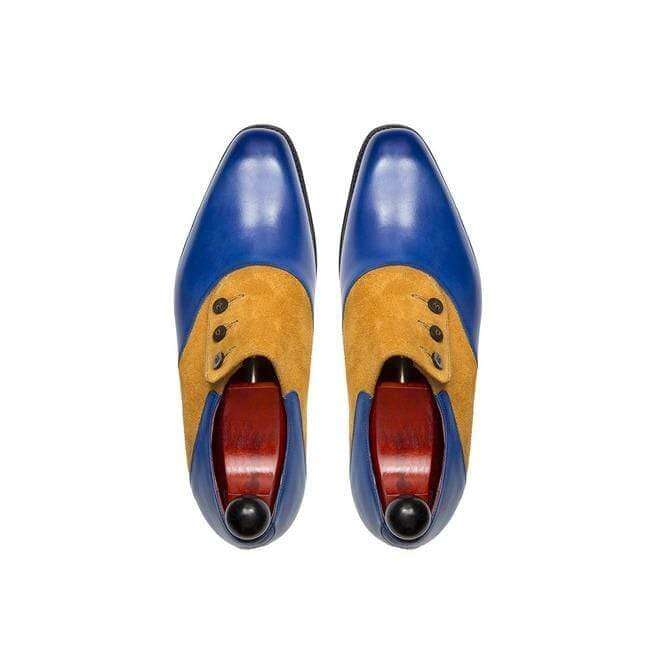 rebelsmarket_handmade_men_two_tone_formal_button_shoes_men_tan_and_blue_formal_shoes_dress_shoes_2 Handmade Tan Blue Leather Suede Button Shoes - leathersguru