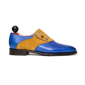 Handmade Tan Blue Leather Suede Button Shoes - leathersguru