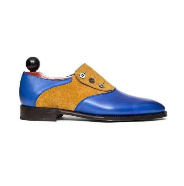 Handmade Tan Blue Leather Suede Button Shoes - leathersguru